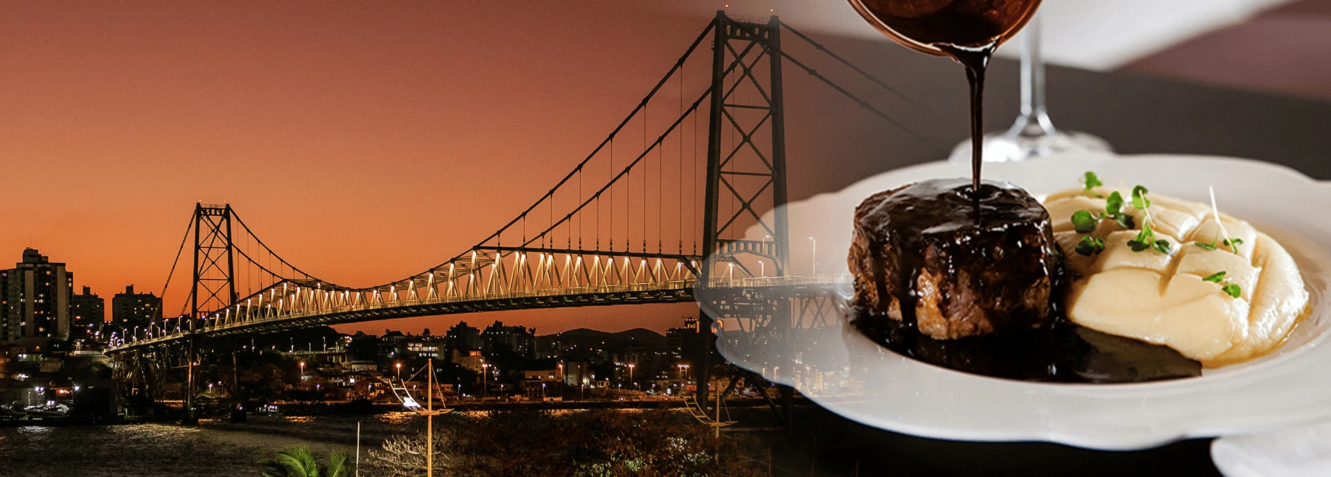 Vista da Ponte Hercílio Luz e prato assinatura do Le Tuá